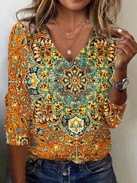 Casual Ethnic V Neck Long Sleeve T-shirt, Orange, T-shirts