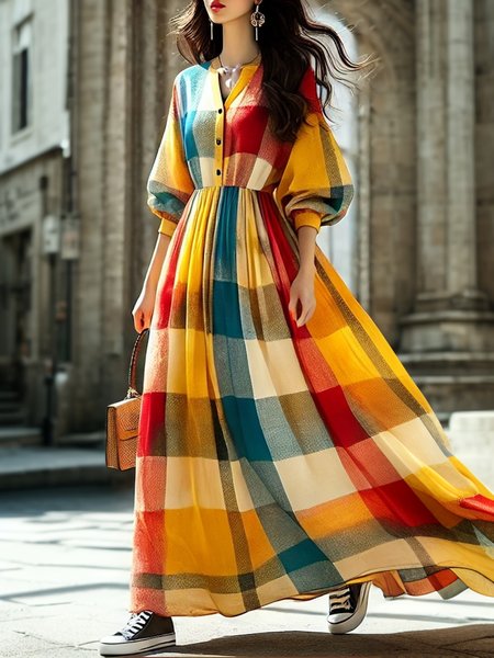 

Casual Plaid Balloon Sleeve Crew Neck Maxi Dress, As picture, Maxi Dresses