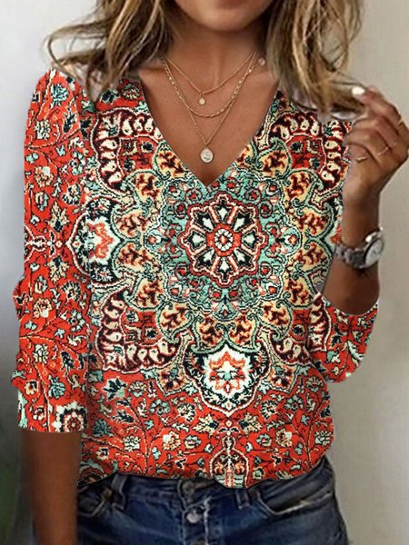 

Ethnic Print Long Sleeve V-Neck T-shirt, Red, Long sleeves