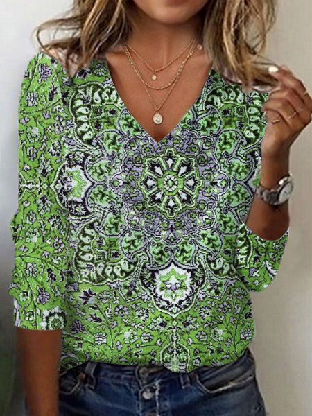 

Women's Long Sleeve Tee T-shirt Spring/Fall Ethnic Jersey V Neck Holiday Going Out Casual Top, Green, T-Shirts