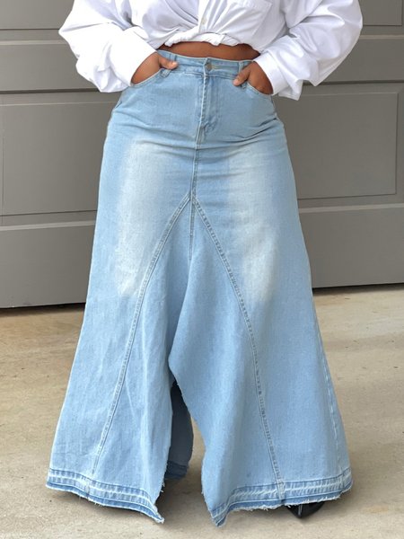 

Casual A-Line Plain Maxi Denim Skirt, Light blue, Denim Skirts