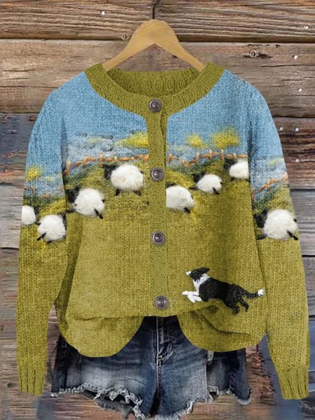 

Casual Landscape Print Crew Neck Cardigan, As picture, Sweaters