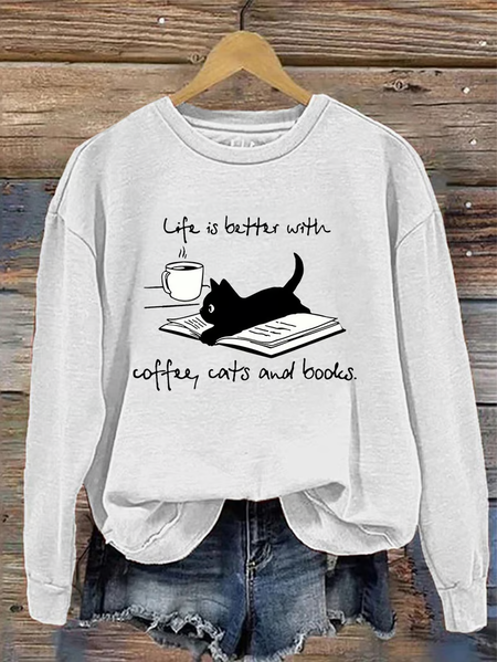 

Lady Coffee, Cat And Book Sweatshirt, White, Hoodies&Sweatshirts