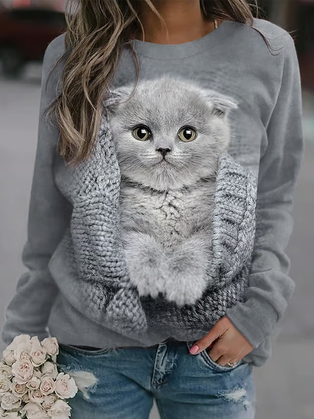 Women's Cute Cat Print Sweatshirt, As picture, Hoodies&Sweatshirts