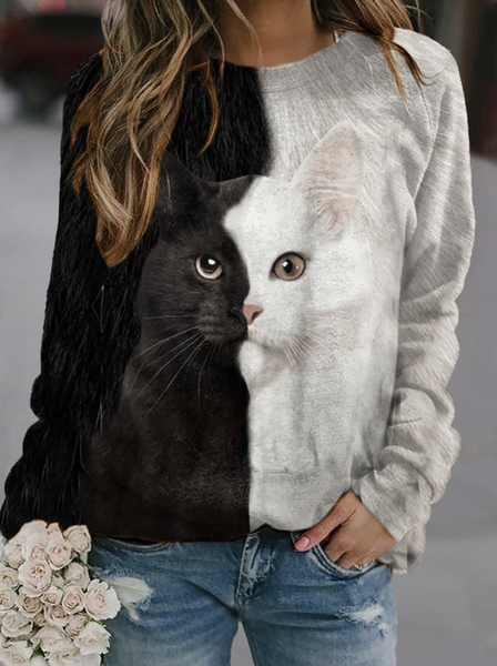 

Cat Print Crew Neck Sweatshirt, Black, Hoodies&Sweatshirts