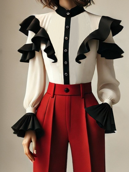 Urban Color Block Ruffle Sleeve Shirt, As picture, Blouses and Shirts
