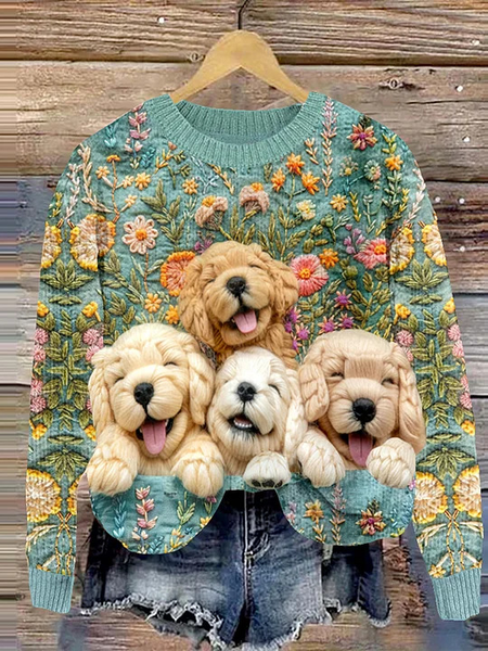 Crew Neck Animal Loose Casual Sweatshirt, Green, Hoodies&Sweatshirts