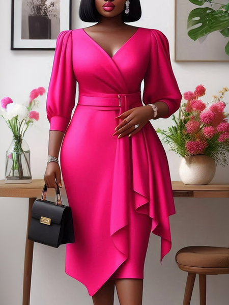 

Elegant Plain Puff Sleeve V Neck Midi Dress, Pink, Midi Dresses