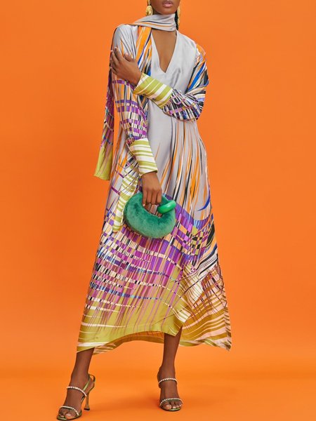 Elegant Abstract V Neck Maxi Dress With Scarf, As picture, Maxi Dresses