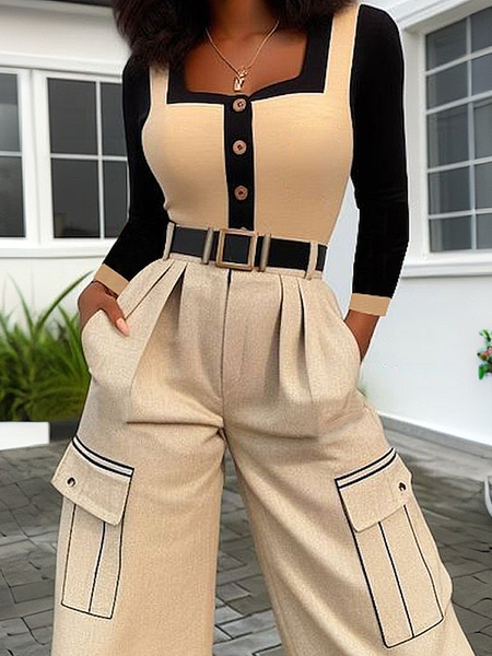 

High Elasticity Casual Color Block Blouse, As picture, Blouses and Shirts
