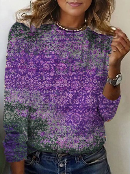 Ethnic Print Long Sleeve Crew Neck T-shirt, Purple, Long sleeves