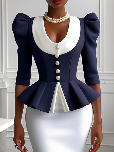 

Elegant Puff Sleeve Buttoned Color Block Crew Neck Jacket, Deep blue, Jackets
