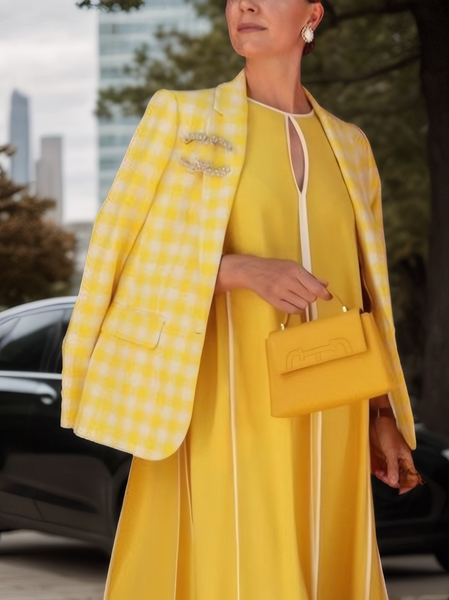 

Elegant Plaid Lapel Collar Blazer, Yellow, Blazers