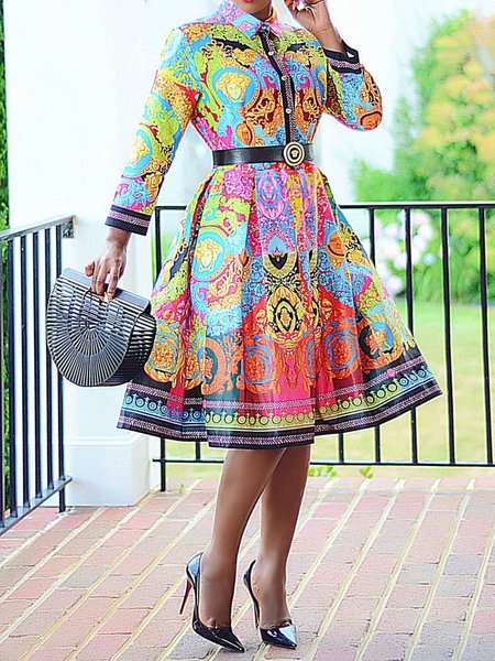 

Urban Abstract Shirt Collar Knee Length Dress, As picture, Midi Dresses