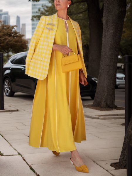 

Elegant Color Block Crew Neck Maxi Dress, Yellow, Maxi Dresses