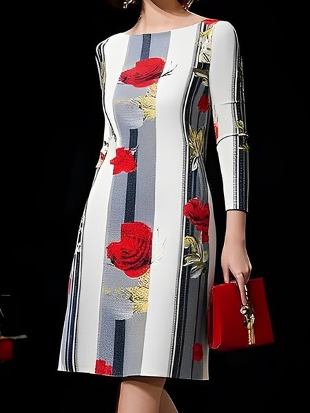 Urban Floral Pattern Boat Neck Mini Dress, As picture, Mini Dresses