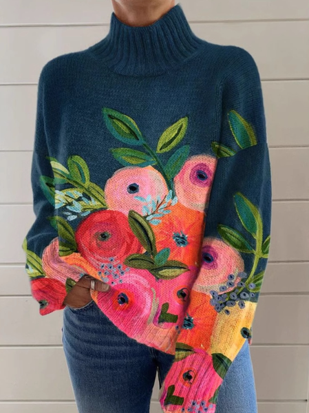 

Casual Turtleneck Floral Art Print Sweatshirt, As picture, Hoodies & Sweatshirts
