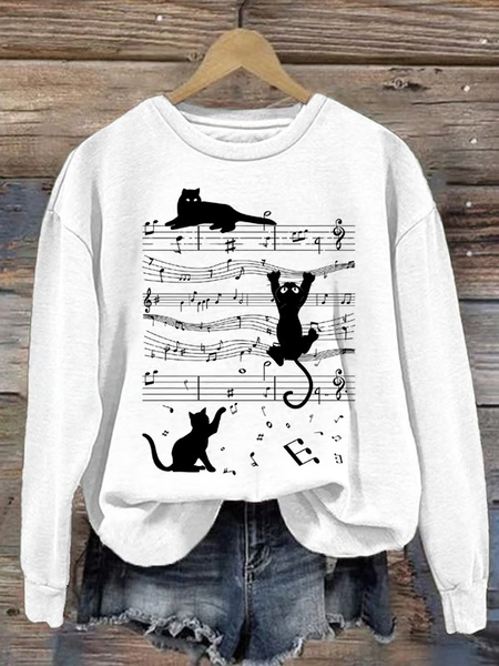 

Women's Cat Music Print Sweatshirt, White, Hoodies&Sweatshirts