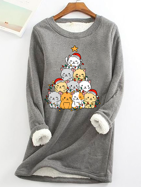 

Cats Xmas Tree Casual Fluff Fleece Fabric Sweatshirt, Gray, Hoodies&Sweatshirts