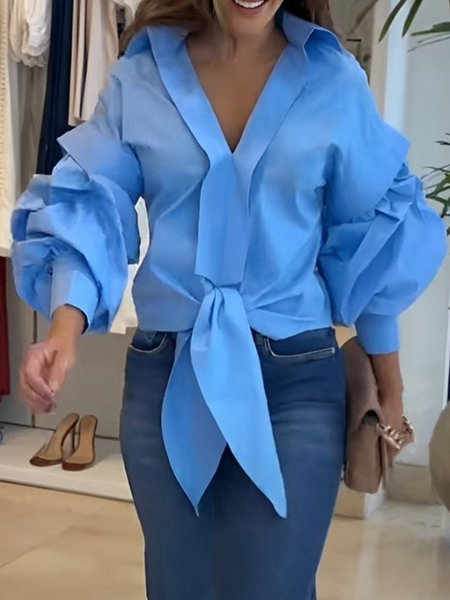 

Urban Plain Shirt Collar Balloon Sleeve Blouse, Blue, Blouses and Shirts