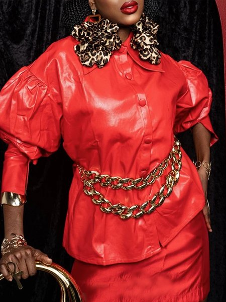 Urban Puff Sleeve Plain Lapel Collar Coat With Belt, Red, Jackets