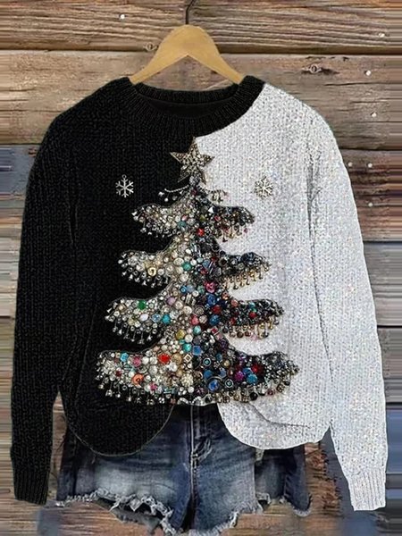 

Black and white casual knitted sweater with Christmas tree for women, Hoodies&Sweatshirts