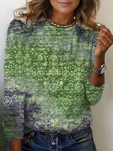 

Women's Long Sleeve Tee T-shirt Spring/Fall Ethnic Jersey Crew Neck Holiday Going Out Casual Top, Green, T-Shirts