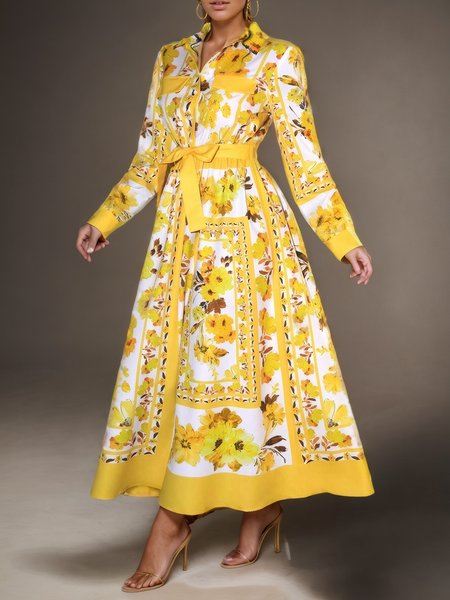 

Elegant Floral Pattern Maxi Dress With Belt, Yellow, Maxi Dresses