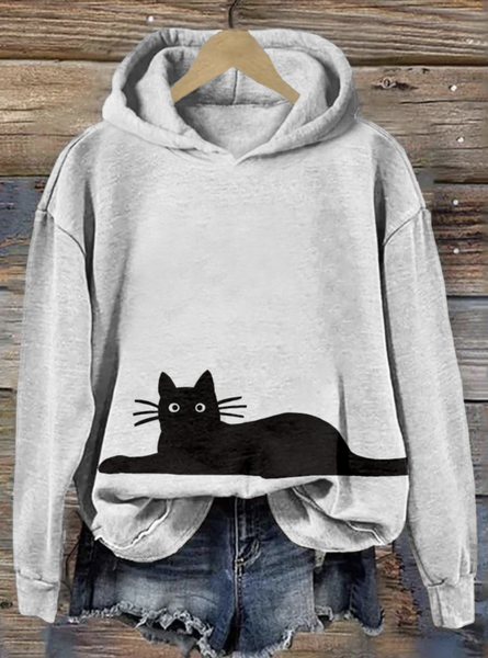 Casual Hoodie Cute Cat Pattern Hoodie, Gray, Hoodies & Sweatshirts