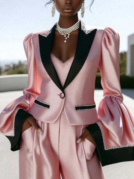 Elegant Bell Sleeve Rhinestones Color Block Lapel Collar Jacket, Pink, Jackets
