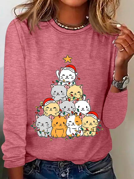 

Cats Xmas Tree Casual Long Sleeve Shirt, Watermelon, Long sleeves