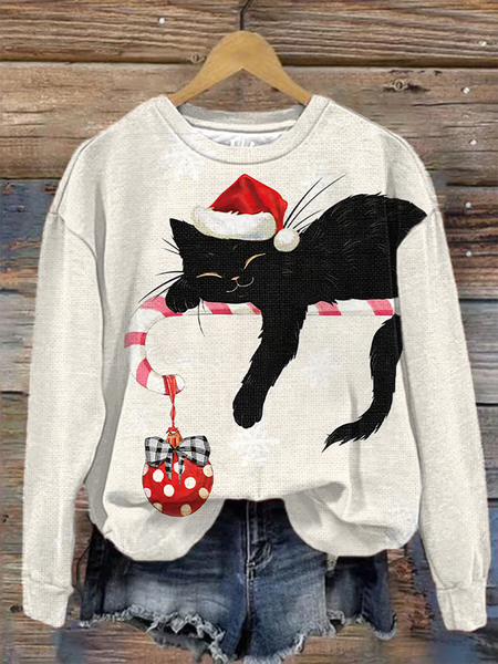 

Women's Black Cat Christmas Art Print Sweatshirt, White, Hoodies&Sweatshirts