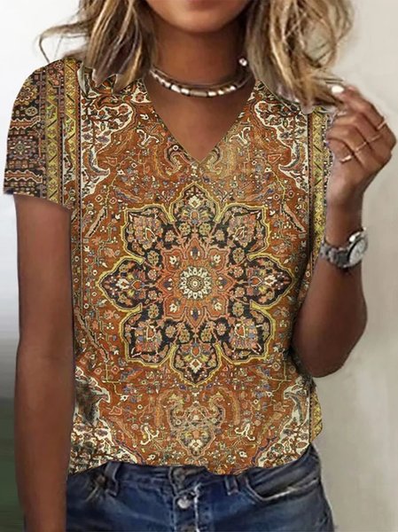 

Ethnic Print Short-Sleeved V-Neck T-shirt, Yellow, T-shirts