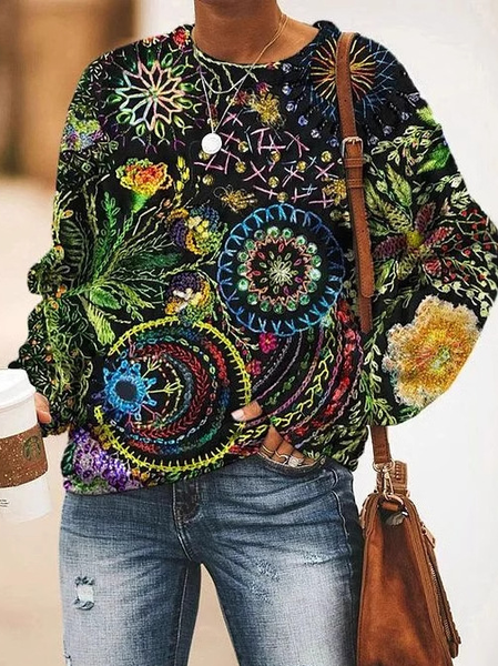 

Casual Crew Neck Ethnic Sweatshirt, Multicolor, Hoodies & Sweatshirts
