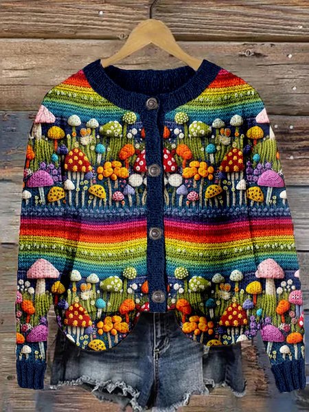 Knitted Casual Crew Neck Cardigan, As picture, Cardigans