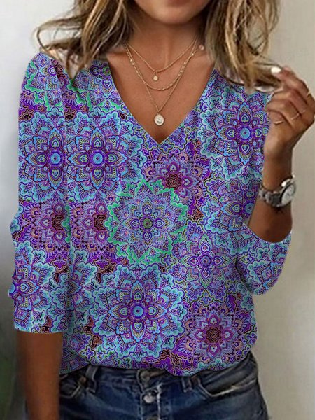 Casual Ethnic V Neck Long Sleeve T-shirt, Purple, T-shirts