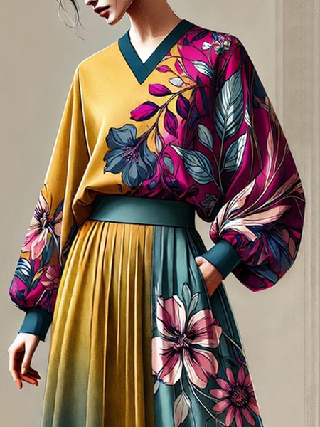 

Elegant Floral Loosen V Neck Balloon Sleeve Blouse, As picture, Blouses and Shirts