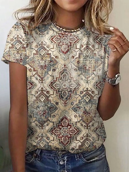 

Ethnic Print Short Sleeve V-Neck T-shirt, Apricot, T-shirts