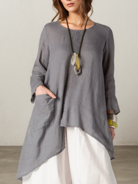 

Cotton And Linen Linen Plain Crew Neck Blouse, Gray, Blouses & Shirts