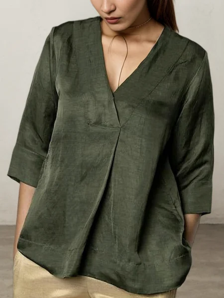 

STYLE WE x CHILLINEN |Cotton And Linen Linen Plain V Neck Blouse, Green, Blouses and Shirts