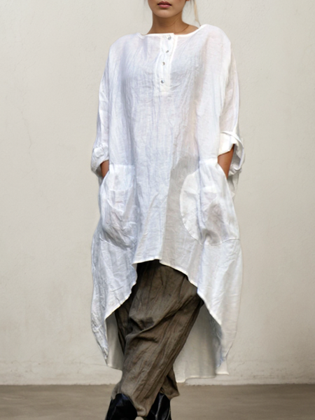 

STYLE WE x CHILLINEN | Cotton And Linen Linen Plain Crew Neck Blouse, White, Blouses and Shirts