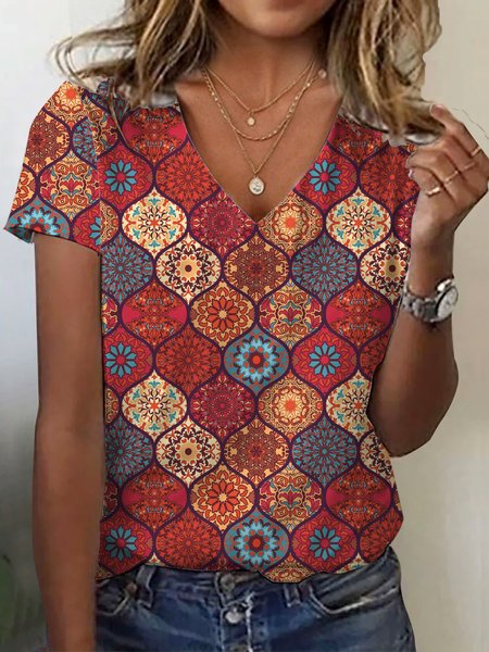 

Ethnic Print Short Sleeve V-Neck T-shirt, Red, T-shirts