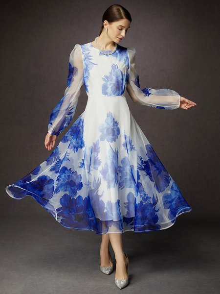 Crew Neck Elegant Floral Sheer Tulle Dress, White-blue, Maxi Dresses