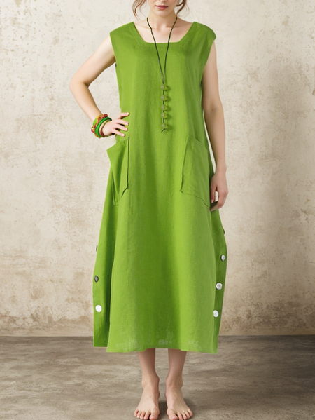 

Linen Plain Crew Neck Maxi Dress, Green, Dresses