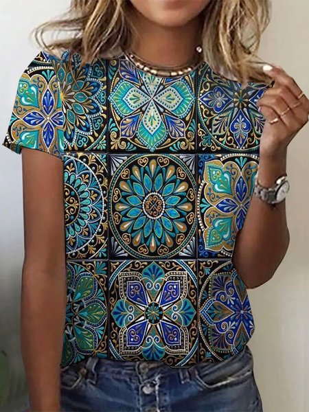

Casual Ethnic Crew Neck Short Sleeve T-shirt, Blue, T-shirts