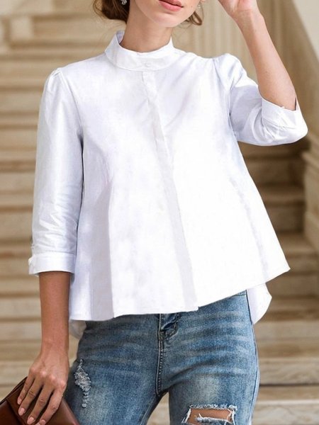 

Loose Stand Collar Simple Plain Blouse, White, Blouses and Shirts