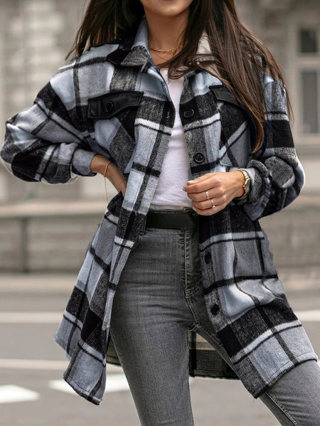 

Women's Spring/Fall Outerwear Casual Plaid Long Sleeve Shawl Collar Jacket, Gray, Coats