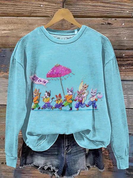 Casual Crew Neck Animal Sweatshirt, Blue, Hoodies & Sweatshirts
