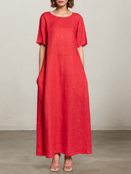 

Linen Plain Crew Neck Maxi Dress, Red, Dresses