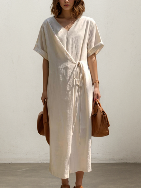 Linen Plain Crew Neck Maxi Dress, White, Maxi Dresses